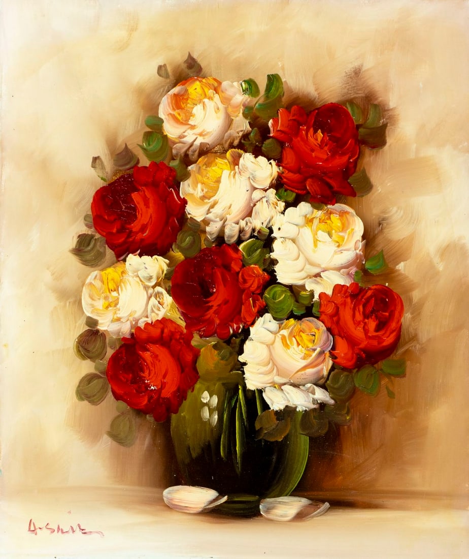 A Shir (Europe,20C) oil painting: ARTIST: A Shir (European, 20 century) TITLE: Still Life with Vase of Flowers MEDIUM: oil on canvas CONDITION: Two pin holes by the upper right corner. Few very minor paint l