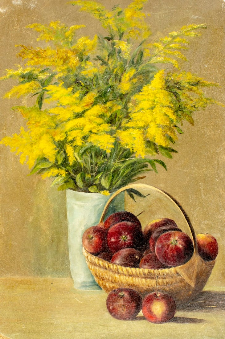 Antique 19C American oil painting: ARTIST: - (American, 19 century) TITLE: Still Life with Vase of Flowers and Basket of Apples YEAR: circa 1900 MEDIUM: oil on board CONDITION: Some dama