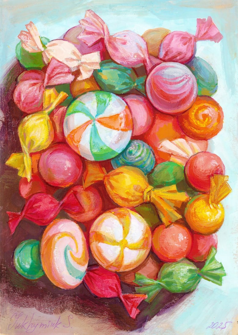 Svetlana Yukhymiuk (Ukraine,20/21C) mixed media painting: ARTIST: Svetlana Yukhymiuk (Ukrainian, 20/21 centuries) TITLE: Still Life with Candies MEDIUM: mixed media on heavy paper CONDITION: Very good. ART SIZE: