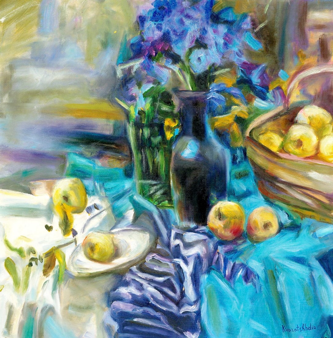 Alina Kvaratshelia (Ukraine,20/21C) oil painting: ARTIST: Alina Kvaratshelia (Ukrainian, 20/21 centuries) TITLE: Still Life with Vase of Flowers and Apples MEDIUM: oil on heavy paper CONDITION: Very good. No visible inpaint