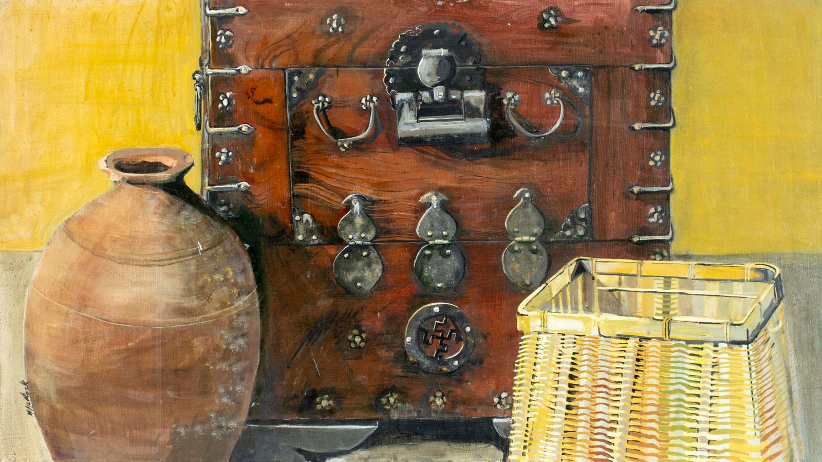 Maryann Matlock (CA,20C) oil painting: ARTIST: Maryann Matlock (California, 20 century) TITLE: Still Life with Jug, Trunk and Basket MEDIUM: oil on canvas CONDITION: Few very minor paint losses mostly along edges