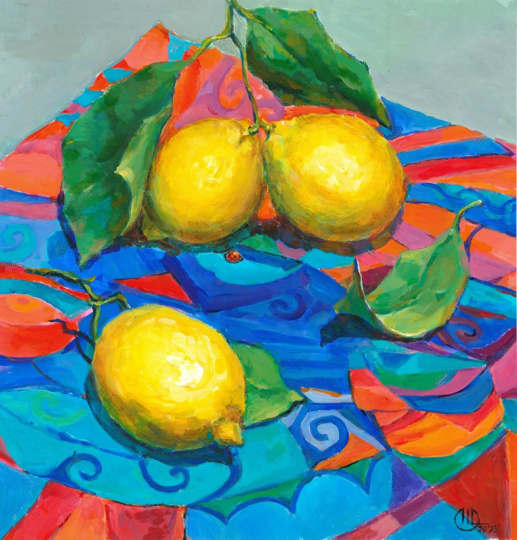 Olena Horbenko (Ukraine,20/21C) acrylic painting: ARTIST: Olena Horbenko (Ukrainian, 20/21 centuries) TITLE: Still Life with Lemons MEDIUM: acrylic on heavy paper CONDITION: Very good. ART SIZE: 13 x 12