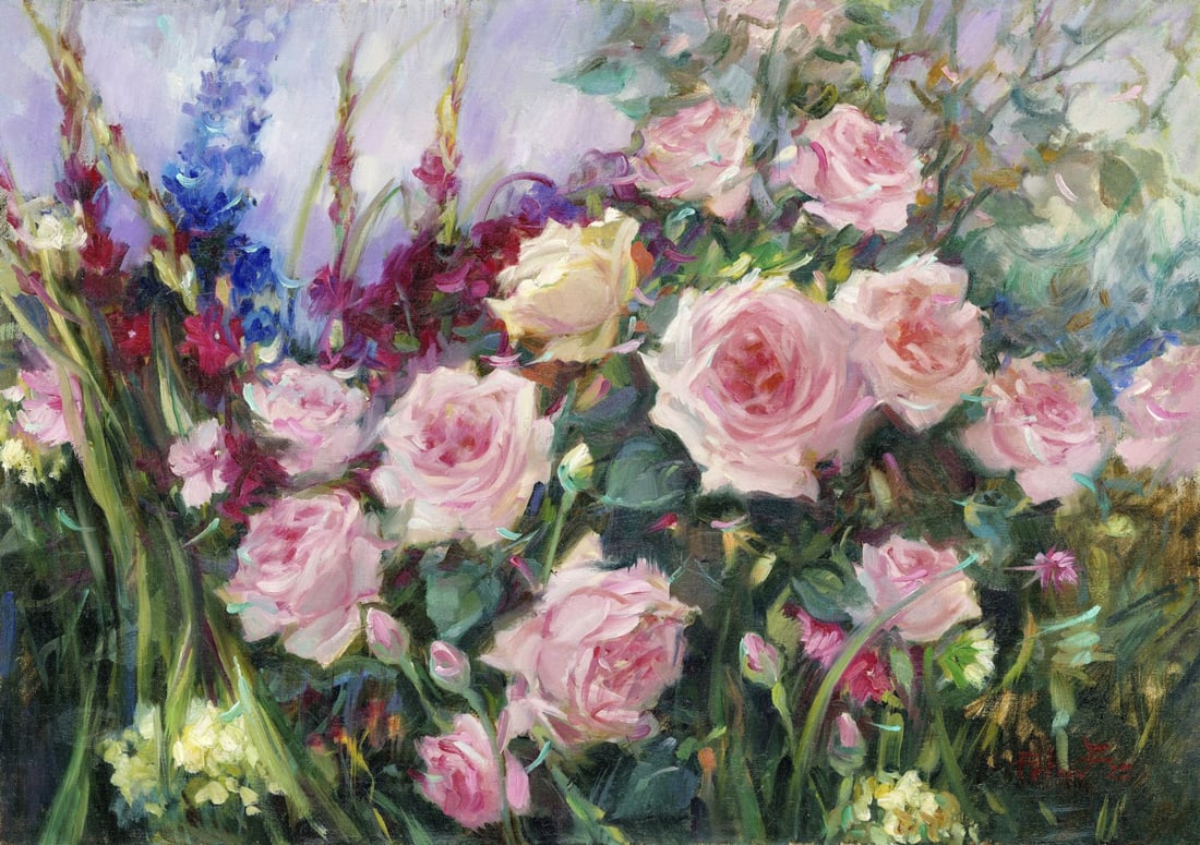 Zoriana Petriv (Ukraine,b 1994) oil painting: ARTIST: Zoriana Petriv (Ukrainian, born 1994) TITLE: Iin the Garden (titled on verso) MEDIUM: oil on canvas CONDITION: Very good. No visible inpaint under UV light.