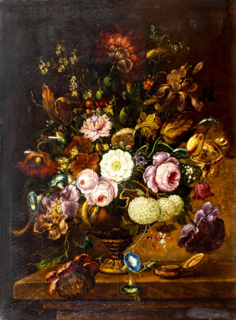 Antique 19C Dutch oil painting signed: ARTIST: - (Netherlands, 19 century) TITLE: Still Life with Vase of Flowers MEDIUM: oil on canvas CONDITION: Two patches. Some paint losses. Some craquelure. Few scattered