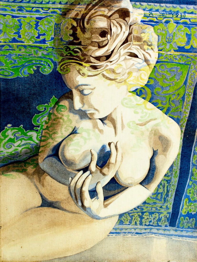 Carl Schwartz (FL,MI,1935-2014) oil painting: ARTIST: Carl E Schwartz (Florida, Michigan, 1935 - 2014) TITLE: Nude YEAR: 1973 MEDIUM: oil on canvas CONDITION: Few minor scratches/paint losses by th