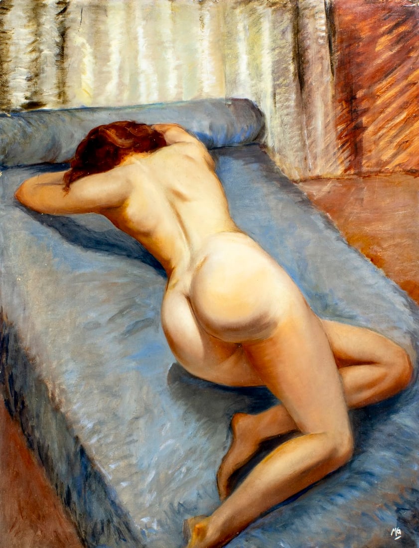 Marc Olivier Gregoire (France,1897-1991) oil painting: ARTIST: Marc Olivier Gregoire (French, 1897 - 1991) TITLE: Sleeping Nude MEDIUM: oil on board CONDITION: Some repaired crack by the upper left corner. Some damages to edge