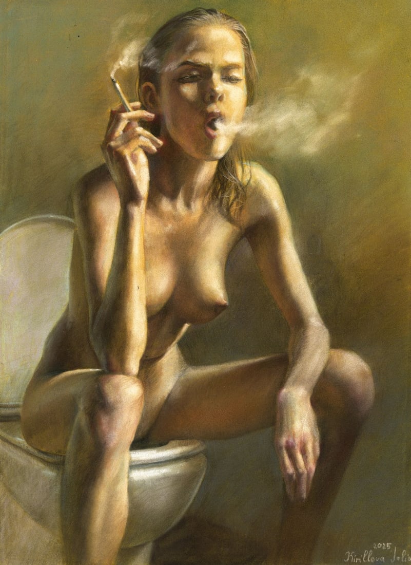 Julia Kirillova (Ukraine,b 1991) pastel painting: ARTIST: Julia Kirillova (Ukrainian, born 1991) TITLE: Smoking Nude MEDIUM: pastel on heavy paper CONDITION: Very good. ART SIZE: 12 x 8 inches / 30 x 20