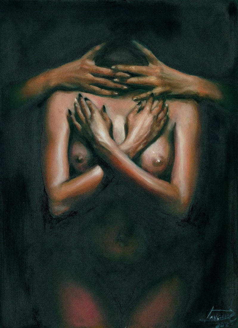 Sergey Dovgan (Ukraine,b 1976) oil painting: ARTIST: Sergey Dovgan (Ukrainian, born 1976) TITLE: Nude MEDIUM: oil on heavy paper CONDITION: Minor damage to the upper right corner. Few minor scratches/paint losses. No v