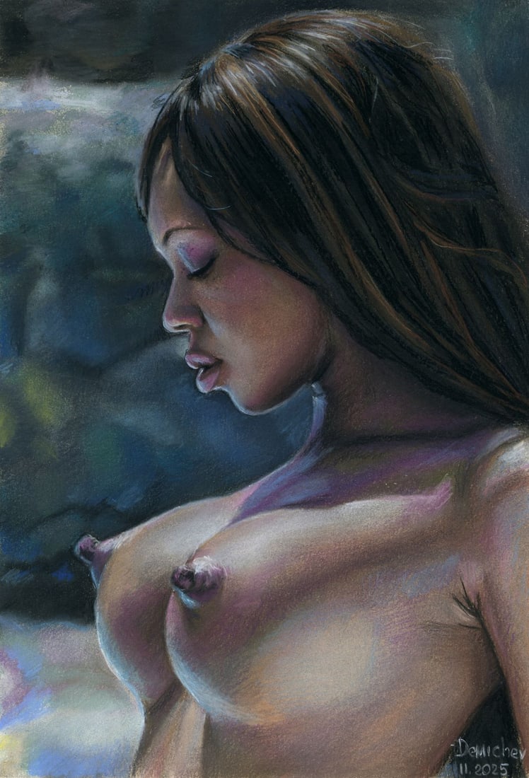 Oleksandr Demichev (Ukraine,20/21C) pastel painting: ARTIST: Oleksandr Demichev (Ukrainian, 20/21 centuries) TITLE: Nude MEDIUM: pastel on heavy paper CONDITION: Very good. ART SIZE: 17 x 12 inches / 43 x 3