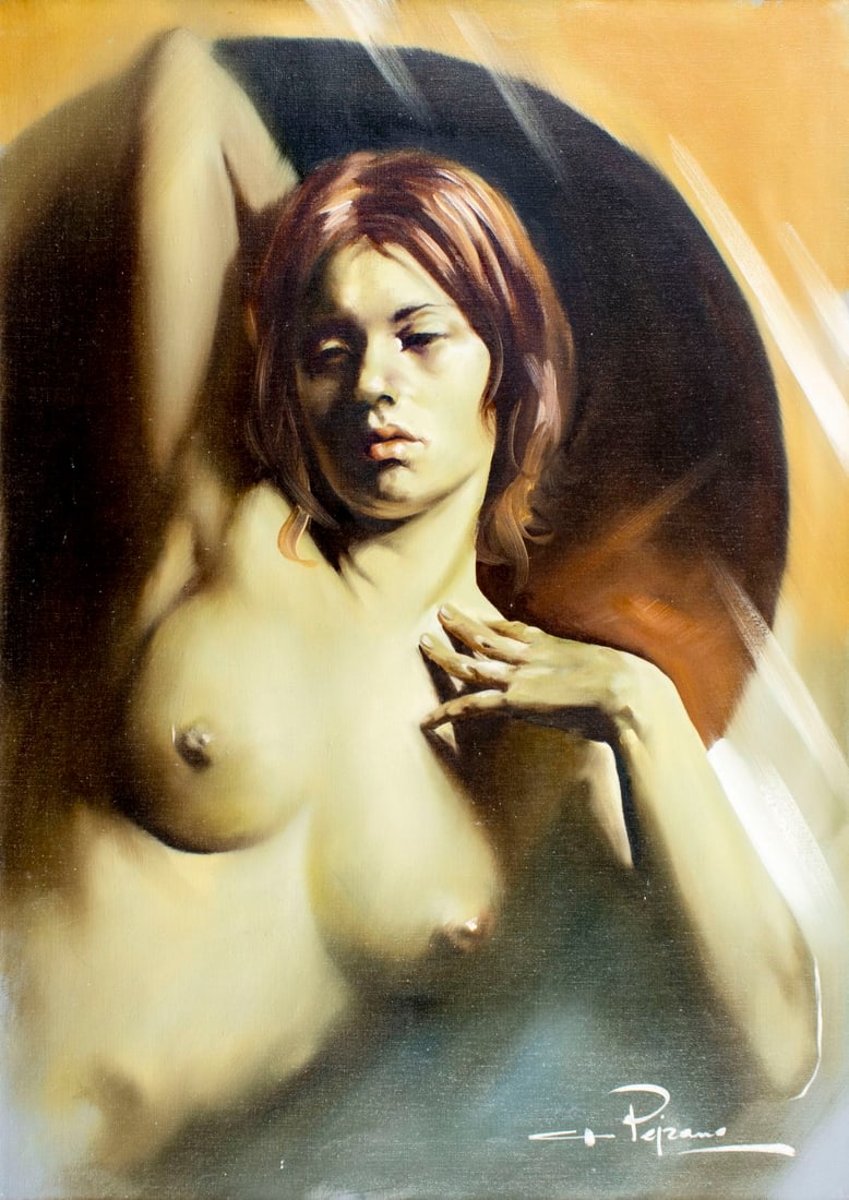 Gastone Peirano (Italy,20C) oil painting: ARTIST: Gastone Peirano (Italian, 20 century) TITLE: Nude MEDIUM: oil on canvas CONDITION: Unstretched (In-House stretching available). Few minor paint losses. No visible i