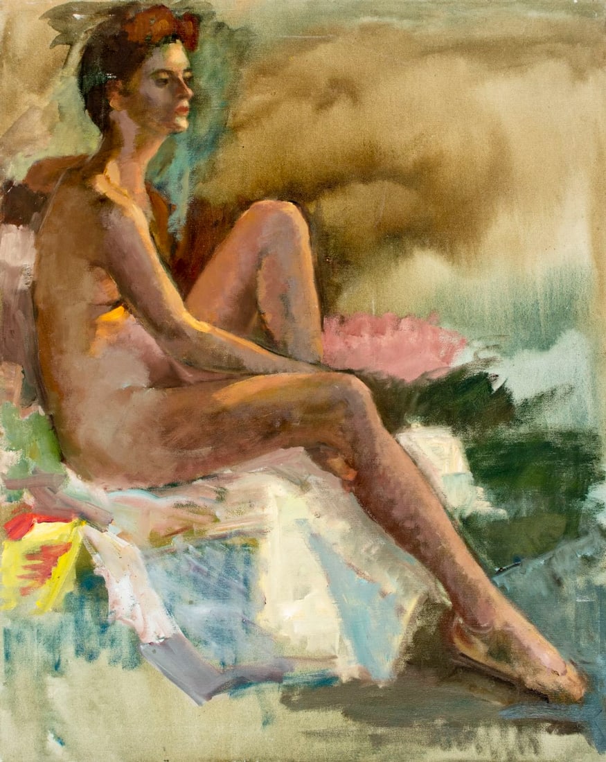 Vintage 20C American oil painting: ARTIST: - (American, 20 century) TITLE: Seated Nude MEDIUM: oil on canvas CONDITION: Some scratches/paint losses. No visible inpaint under UV light. ART SIZE:</