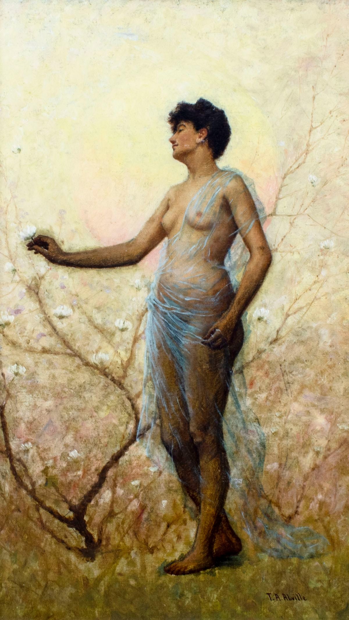 T A Abville (Europe,19C) oil painting antique: ARTIST: T A Abville (European, 19 century) TITLE: Draped Nude with Flower MEDIUM: oil on canvas CONDITION: Few small paint losses. No visible inpaint under UV light. Some da