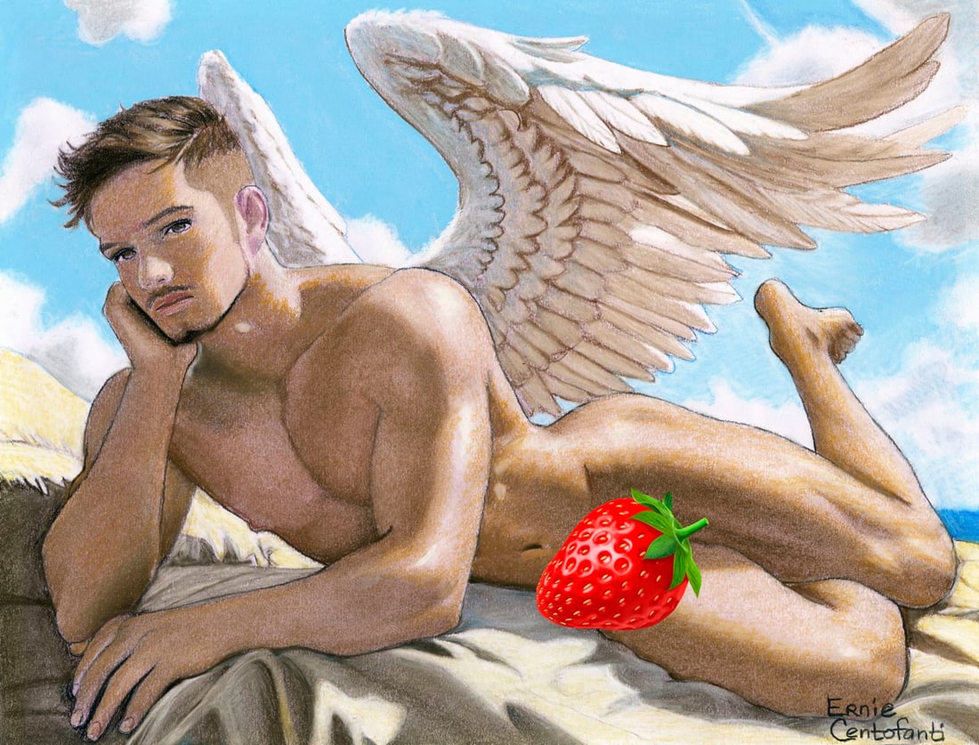 Ernie Centofanti (CA,b 1956) pastel painting: ARTIST: Ernie Centofanti (California, born 1956) TITLE: Reclining Male Nude Angel MEDIUM: pastel on paper CONDITION: Very good. ART SIZE: 10 x 13 inches