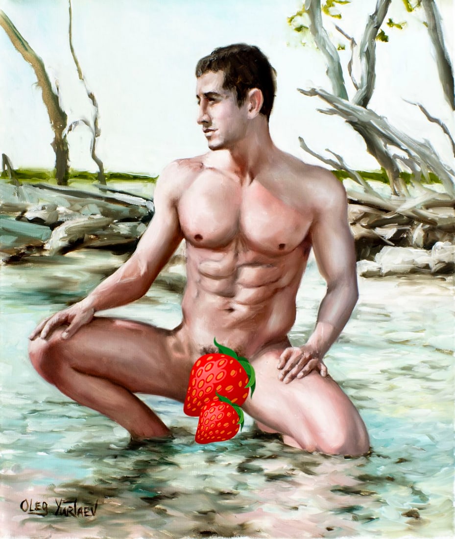 Oleg Yurtaev (Russia,b 1981) oil painting: ARTIST: Oleg Yurtaev (Russian, born 1981) TITLE: Male Nude - By Water (titled on verso) MEDIUM: oil on canvas CONDITION: Unstretched (In-House stretching available). Very go