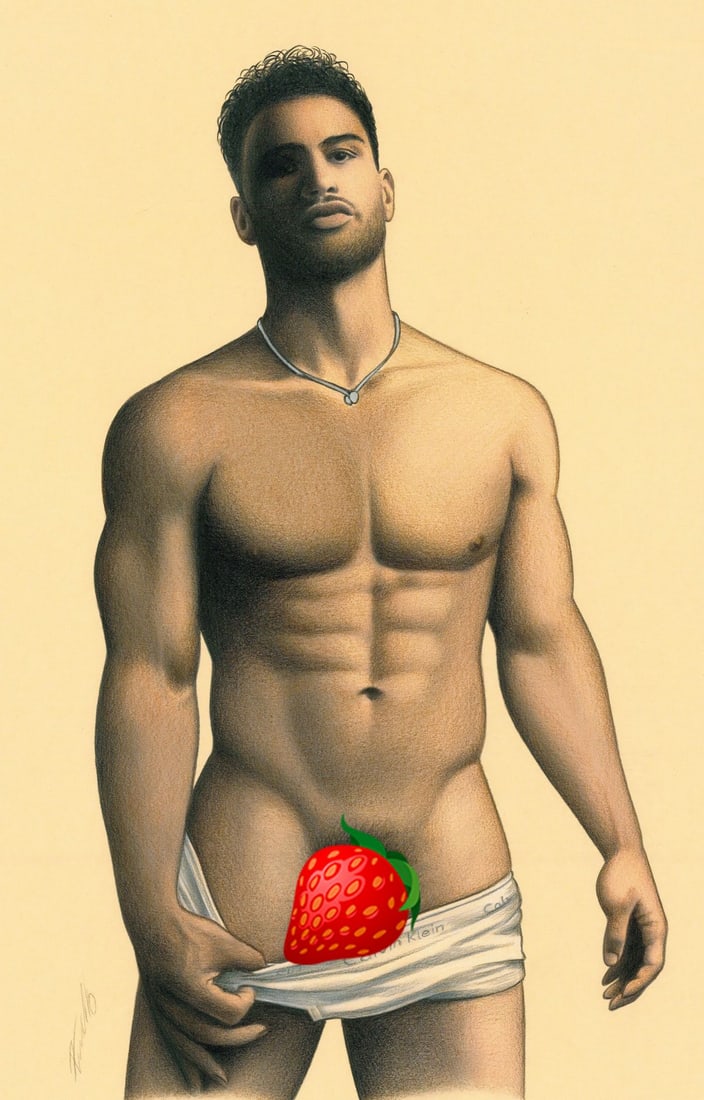 Rene Prudlo (German,b 1974) colored pencil painting: ARTIST: Rene Prudlo (Germany, born 1974) TITLE: Male Nude MEDIUM: colored pencil on heavy paper CONDITION: Very good. ART SIZE: 12 x 8 inches / 30 x 20 c