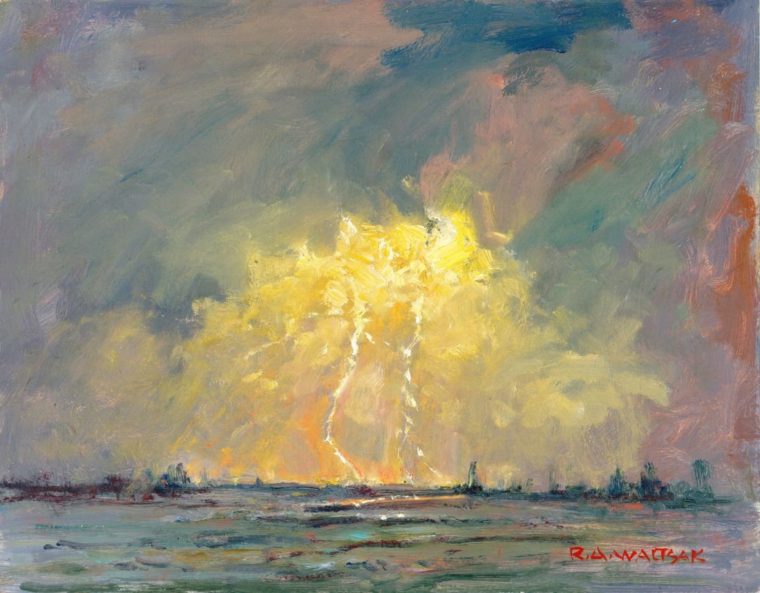 Robert Waltsak (NJ,b 1944) oil painting: ARTIST: Robert Alan Waltsak (New Jersey, born 1944) TITLE: Seascape with Lightning MEDIUM: oil on board CONDITION: Overall good. No visible inpaint under UV light.
