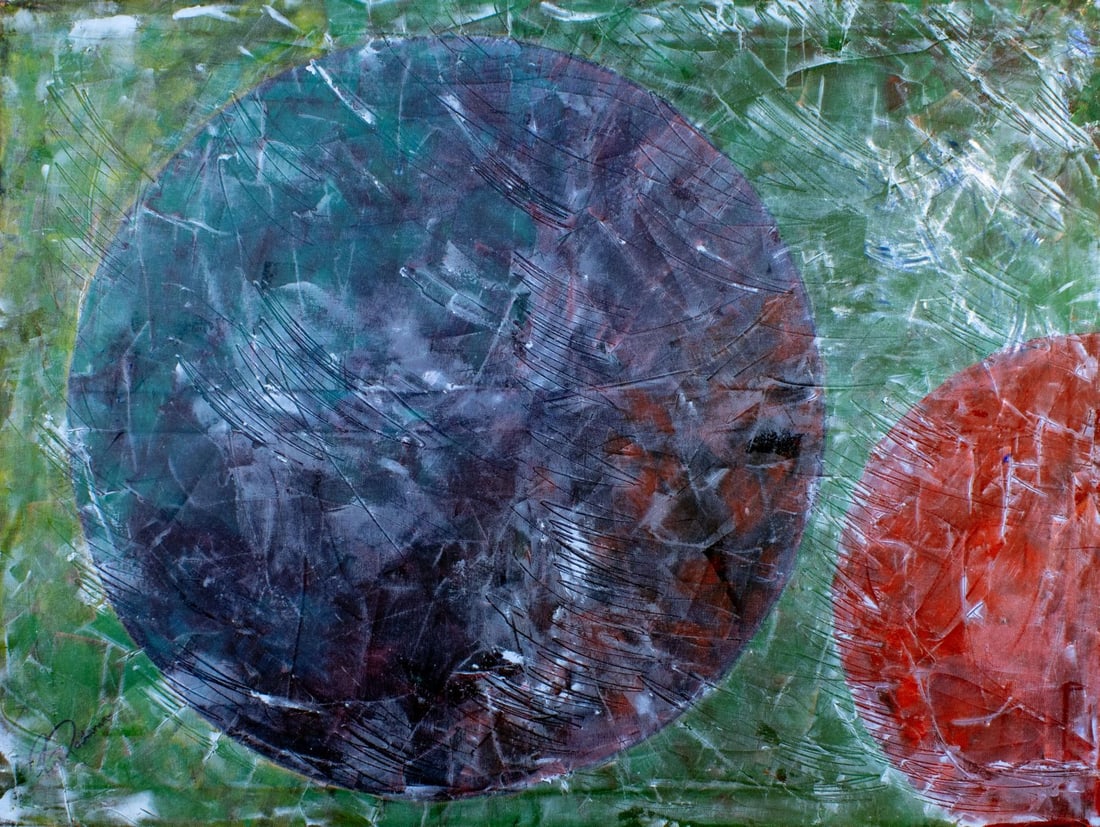 Pios Rodaman (FL,Brazil,b 1953) acrylic painting: ARTIST: Pios Rodaman (Florida, Brazilian, born 1953) TITLE: Abstract Composition MEDIUM: acrylic on canvas CONDITION: Few minor paint losses. No visible inpaint under UV lig