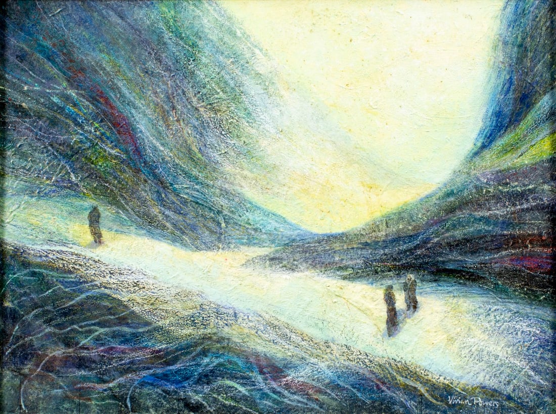 Vivian Powers (US,20C) oil painting: ARTIST: Vivian Powers (American, 20 century) TITLE: Surreal Landscape with Figures MEDIUM: oil on canvas CONDITION: Few minor paint losses. No visible inpaint under UV light
