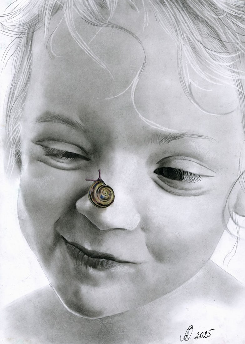 Julia Abramova (Ukraine,20/21C) pastel painting: ARTIST: Julia Abramova (Ukrainian, 20/21 centuries) TITLE: Girl with Snail MEDIUM: pastel on heavy paper CONDITION: Few minor scratches. ART SIZE: 16 x 1