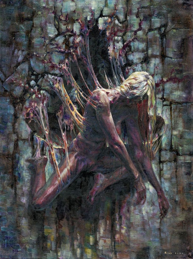 Vitalii Paroviy (Ukraine,b 1986) acrylic painting: ARTIST: Vitalii Paroviy (Ukrainian, born 1986) TITLE: Surreal Scene with Nude MEDIUM: acrylic on heavy paper CONDITION: Very good. ART SIZE: 16 x 12 inch