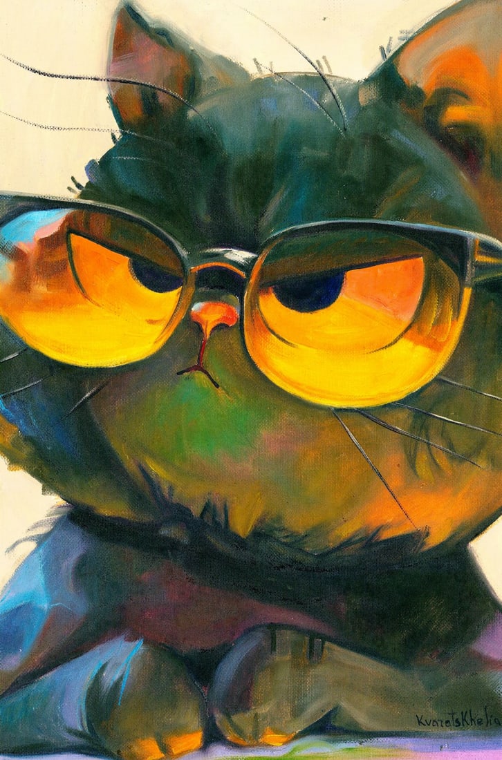 Alina Kvaratshelia (Ukraine,20/21C) oil painting: ARTIST: Alina Kvaratshelia (Ukrainian, 20/21 centuries) TITLE: Cat with Glasses MEDIUM: oil on heavy paper CONDITION: Very good. No visible inpaint under UV light.