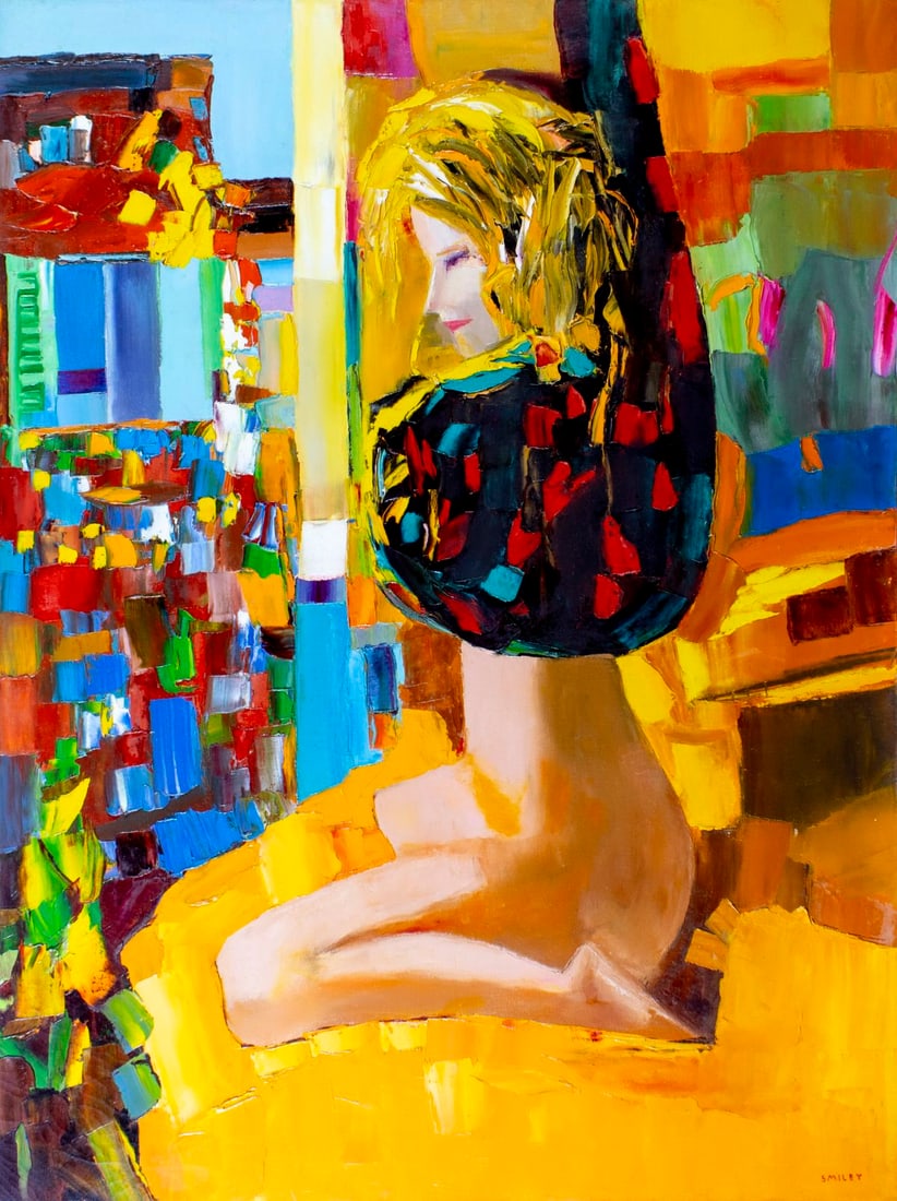 Sidney Smiley (WA,IL,1912-2002) acrylic painting: ARTIST: Sidney Smiley (Washington, Illinois, 1912 - 2002) TITLE: Woman Undressing MEDIUM: acrylic on canvas CONDITION: Few minor paint losses. Some craquelure. No visible