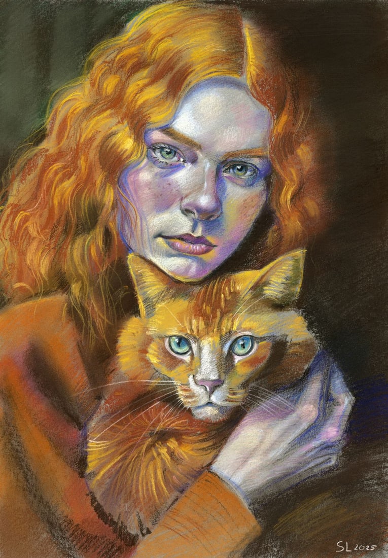 Lyudmila Siabro (Ukraine,20/21C) pastel painting: ARTIST: Lyudmila Siabro (Ukrainian, 20/21 centuries) TITLE: Portrait of Woman with Cat MEDIUM: pastel on heavy paper CONDITION: Very good. ART SIZE: 17 x