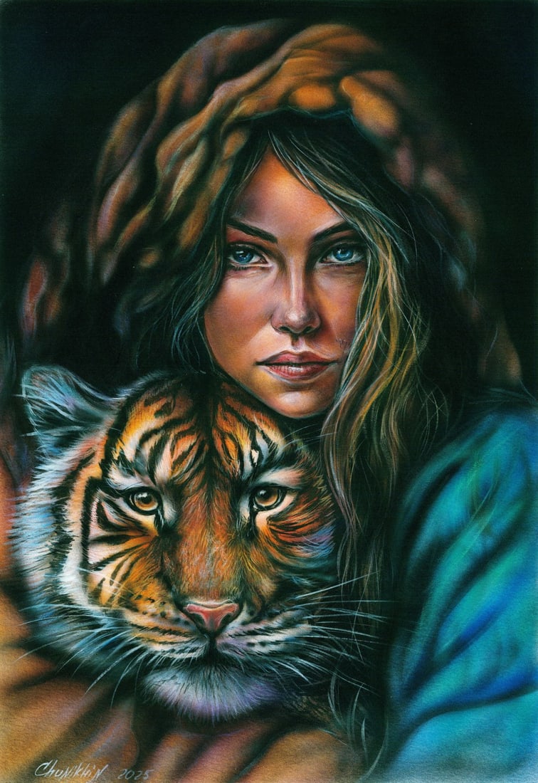 Evgeniy Chunikhin (Ukraine,b 1976) acrylic painting: ARTIST: Evgeniy Chunikhin (Ukrainian, born 1976) TITLE: Portait of Woman with Tiger MEDIUM: acrylic on heavy paper CONDITION: Minor damage to the upper right corner.