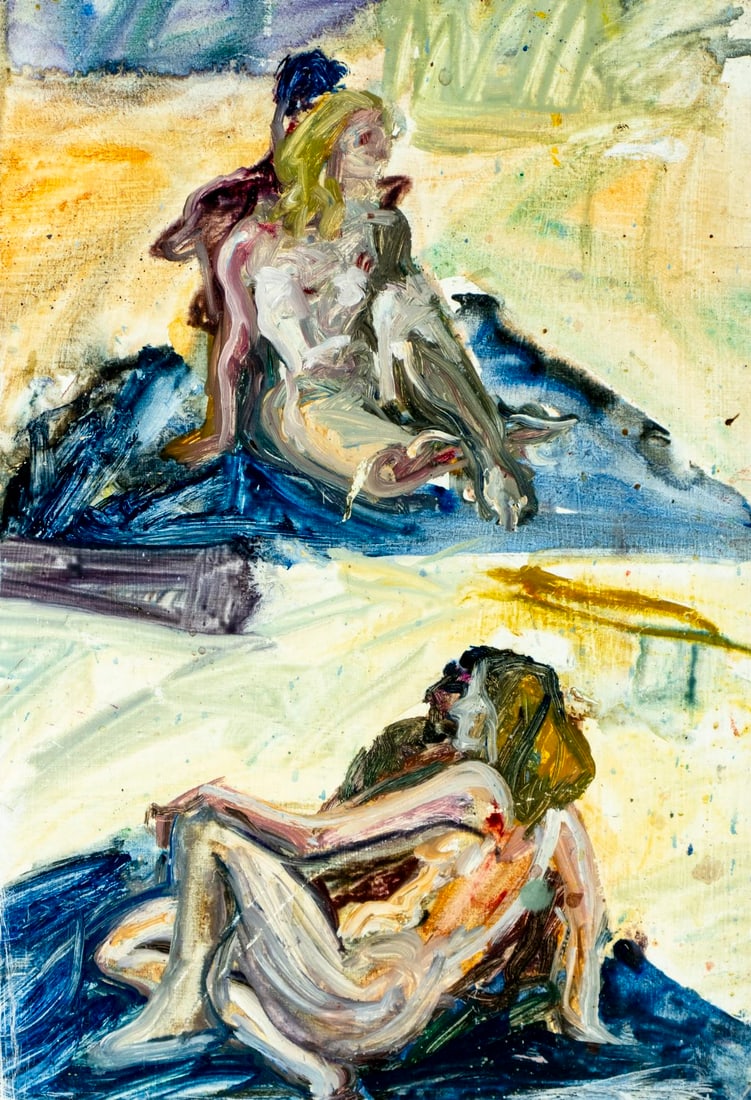 Lucy Glick (PA,1921-1989) oil painting: ARTIST: Lucy Glick (Pennsylvania, 1921 - 1989) TITLE: Nude Couples MEDIUM: oil on board CONDITION: Some scratches. No visible inpaint under UV light. Normal wear along edg
