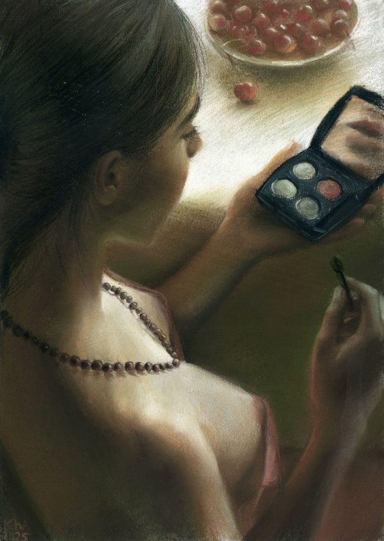 Elena Khafuz (Ukraine,b 1991) pastel painting: ARTIST: Elena Khafuz (Ukrainian, born 1991) TITLE: Woman Doing Makeup MEDIUM: pastel on heavy paper CONDITION: Minor damage to the lower left corner. Minor scratches/paint l