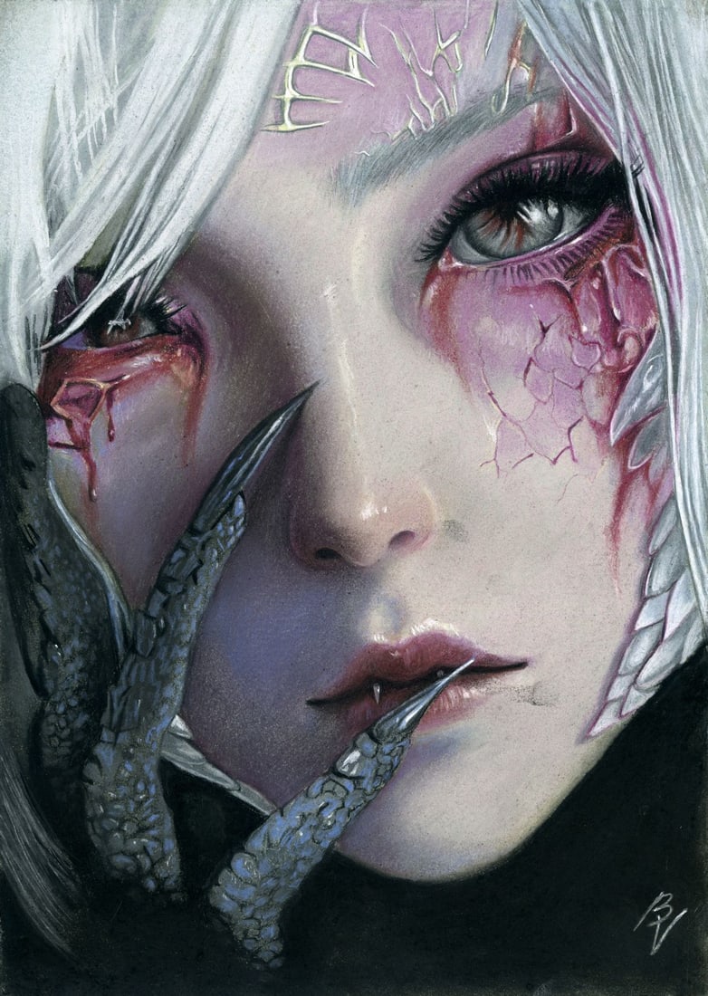 Victoria Borisova (Ukraine,20/21C) pastel painting: ARTIST: Victoria Borisova (Ukrainian, 20/21 centuries) TITLE: Demon Woman MEDIUM: pastel on heavy paper CONDITION: Very good. ART SIZE: 12 x 8 inches / 3