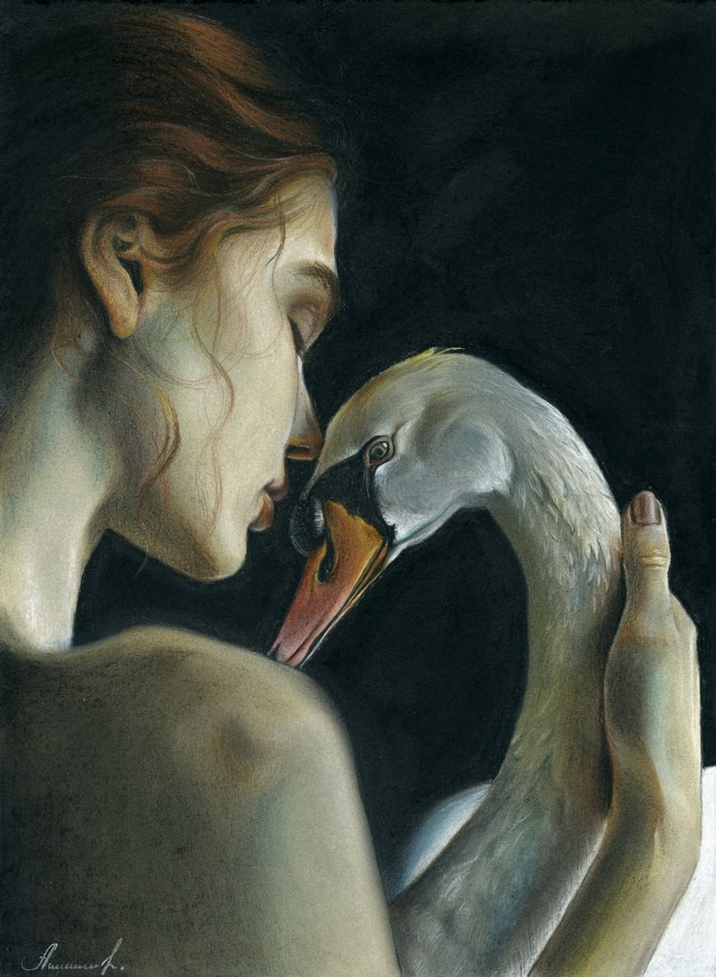 Alina Shibanova (Ukraine,20/21C) pastel painting: ARTIST: Alina Shibanova (Ukrainian, 20/21 centuries) TITLE: Woman with Swan MEDIUM: pastel on heavy paper CONDITION: Some scratches by the upper edge. ART SIZE:</