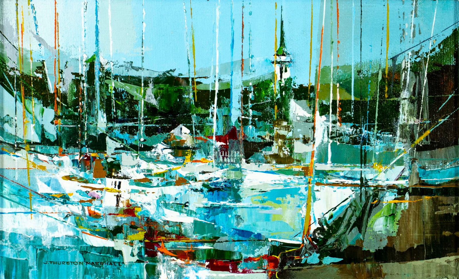 J Thurston Marshall (MA,1908-1982) oil painting: ARTIST: Thurston John Marshall (Massachusetts, 1908 - 1982) TITLE: Harbor Scene MEDIUM: oil on board CONDITION: Overall good. No visible inpaint under UV light. Wear to fr