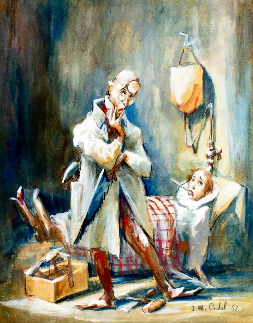 John Cadel (IL,1905-1977) watercolor painting: ARTIST: John M Cadel (Illinois, 1905 - 1977) TITLE: Doctor and Patient YEAR: 1962 MEDIUM: watercolor on paper CONDITION: Overall good. Framed under gla