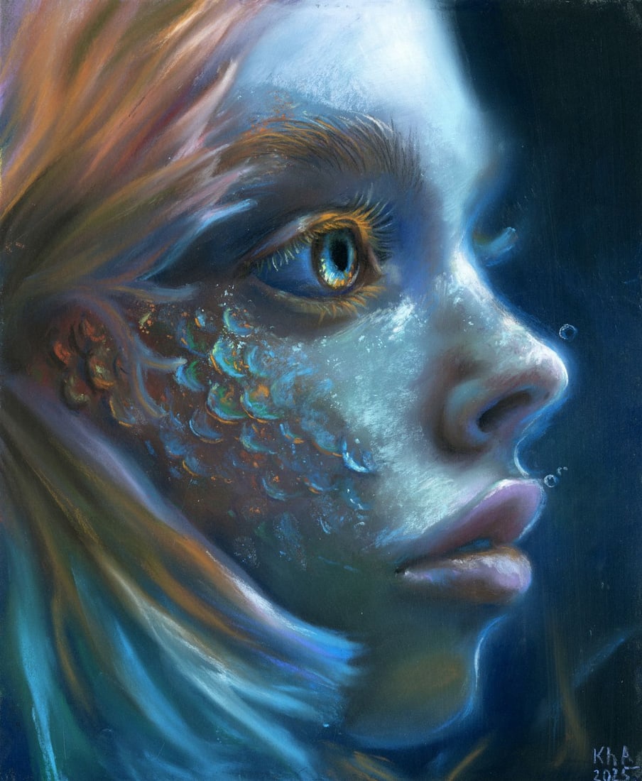 Elena Khafuz (Ukraine,b 1991) pastel painting: ARTIST: Elena Khafuz (Ukrainian, born 1991) TITLE: Portrait of Mermaid MEDIUM: pastel on paper CONDITION: Few minor scratches/paint losses. ART SIZE: 11