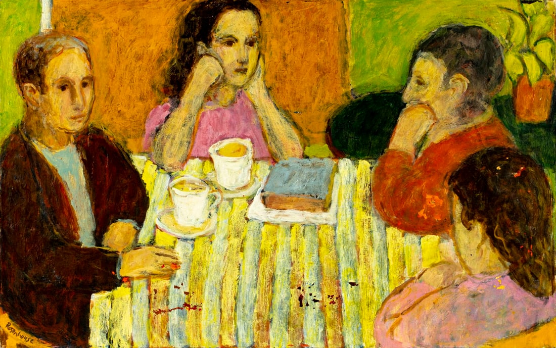 Irwin Jacob Rosenhouse (NY,IL,1924-2002) oil painting: ARTIST: Irwin Jacob Rosenhouse (New York, Illinois, 1924 - 2002) TITLE: Family Meeting at the Table MEDIUM: oil on canvas CONDITION: Few patches. Some paint losses. Minor