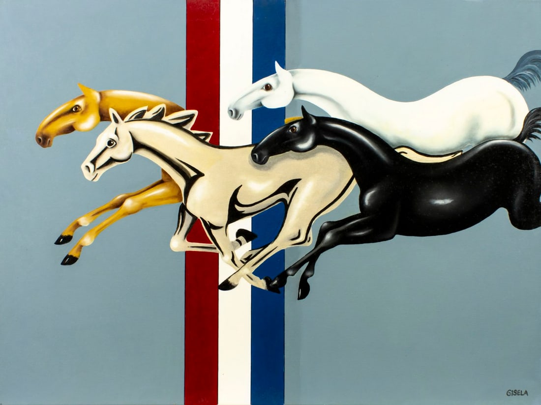 Gisela Pferdekamper (FL,German,20/21C) oil painting: ARTIST: Gisela Pferdekamper (Florida, Germany, 20/21 centuries) TITLE: Mustang Horsepower (titled on verso) YEAR: 2017 MEDIUM: oil on canvas CONDITION: O