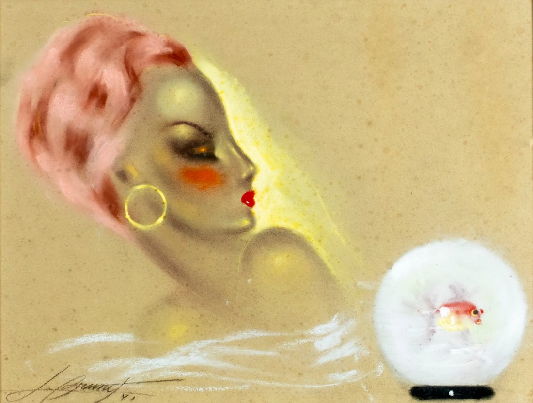 Vintage mid 20C American pastel painting signed: ARTIST: - (American, mid 20 century) TITLE: Woman with Goldfish YEAR: 1941 MEDIUM: pastel on paper CONDITION: Some foxing. Some age toning. Framed unde
