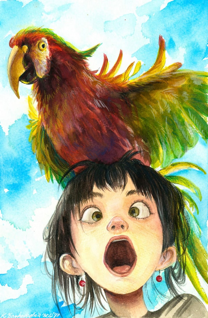 Katerina Zavgorodnya (Ukraine,20/21C) watercolor painting: ARTIST: Katerina Zavgorodnya (Ukrainian, 20/21 centuries) TITLE: Girl and Parrot MEDIUM: watercolor on heavy paper CONDITION: Very good. ART SIZE: 12 x 8