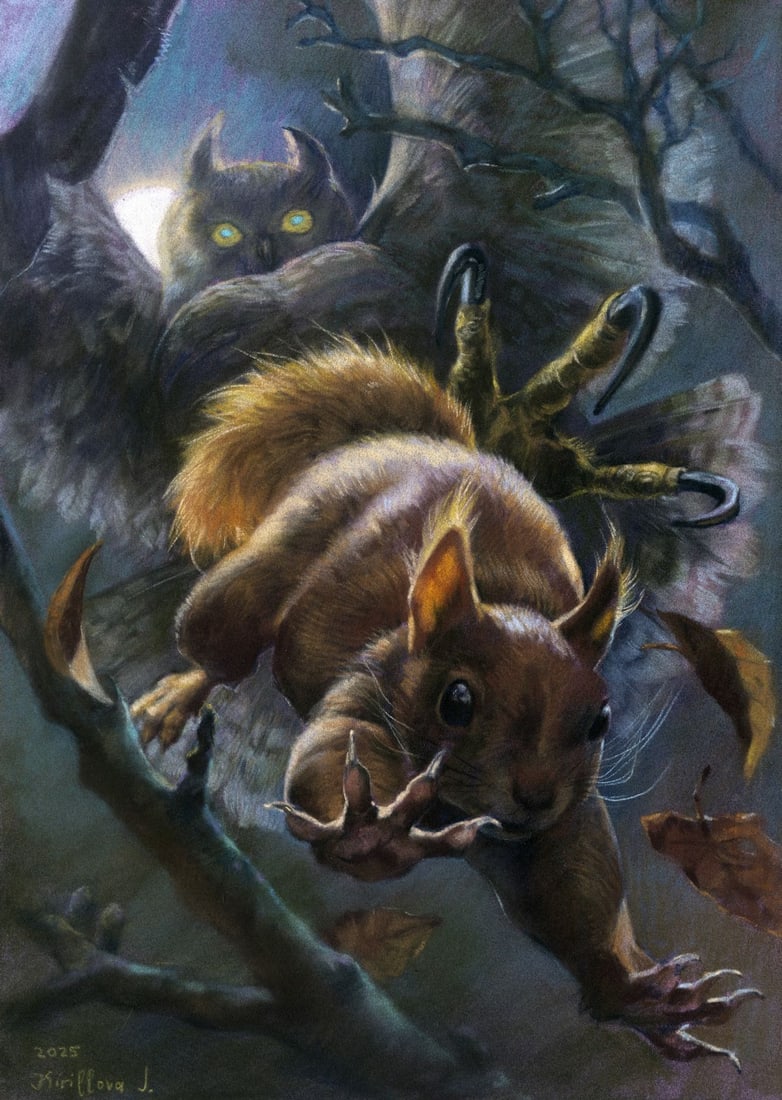 Julia Kirillova (Ukraine,b 1991) pastel painting: ARTIST: Julia Kirillova (Ukrainian, born 1991) TITLE: Squirrel and Owl MEDIUM: pastel on heavy paper CONDITION: Very good. ART SIZE: 12 x 8 inches / 30