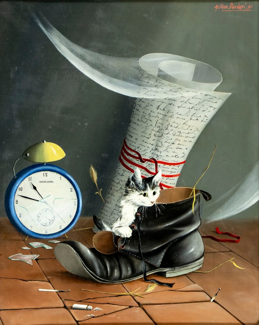 Alfano Dardari (Italy,1924-1988) oil painting: ARTIST: Alfano Alfredo Dardari (Italian, 1924 - 1988) TITLE: Puss in Boots YEAR: 1961 MEDIUM: oil on canvas CONDITION: Very minor craquelure. No visibl