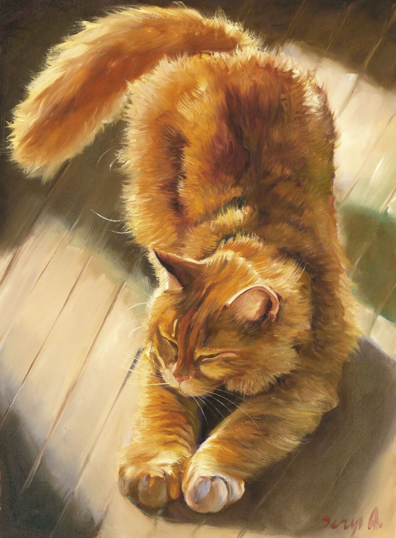 Alex Siryi (Ukraine,b 1997) oil painting: ARTIST: Alex Siryi (Ukrainian, born 1997) TITLE: Ginger Cat MEDIUM: oil on canvas CONDITION: Unstretched (In-House stretching available). Very good. No visible inpaint under