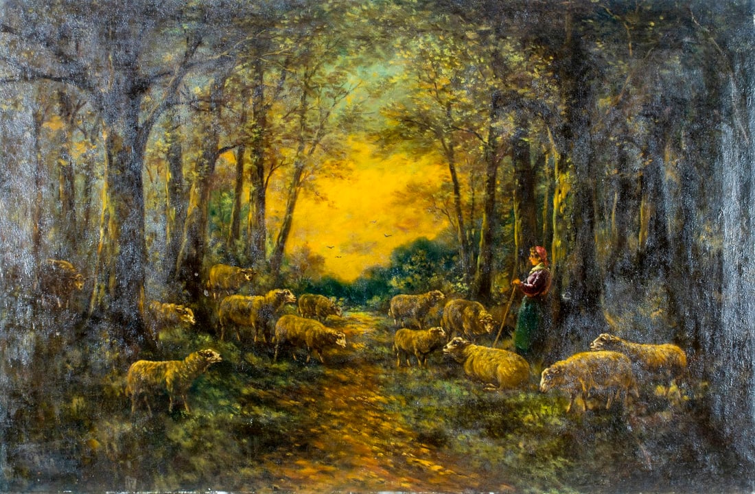 Antique 19C French oil painting signed: ARTIST: - (France, 19 century) TITLE: Shepherd with Flock of Sheep MEDIUM: oil on canvas CONDITION: Few patches. Few minor paint losses. Very minor craquelure. No visible