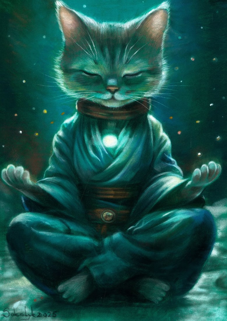 Vira Sokolyk (Ukraine,b 1999) pastel painting: ARTIST: Vira Sokolyk (Ukrainian, born 1999) TITLE: Meditating Cat MEDIUM: pastel on heavy paper CONDITION: Few minor scratches/paint losses. ART SIZE: 12