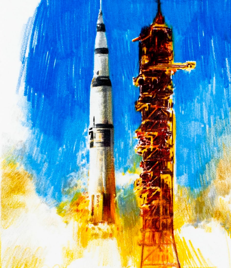 Chris Calle (US,b 1961) colored pencil painting: ARTIST: Chris Calle (American, born 1961) TITLE: From Earth to Moon - Apollo 13, 3rd Moon Landing, Lovell, Sigert, Haise (titled on verso) YEAR: 1994 MEDIUM: colored pencil