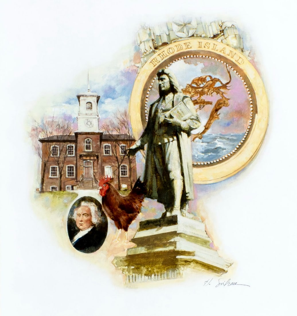 Hodges Soileau (LA,FL,1943-?) oil painting: ARTIST: Hodges D Soileau (Louisiana, Florida, 1943 - ???) TITLE: Settlement of Rhode Island (titled on verso) YEAR: 1986 MEDIUM: oil on canvas. Canvas applied to board.