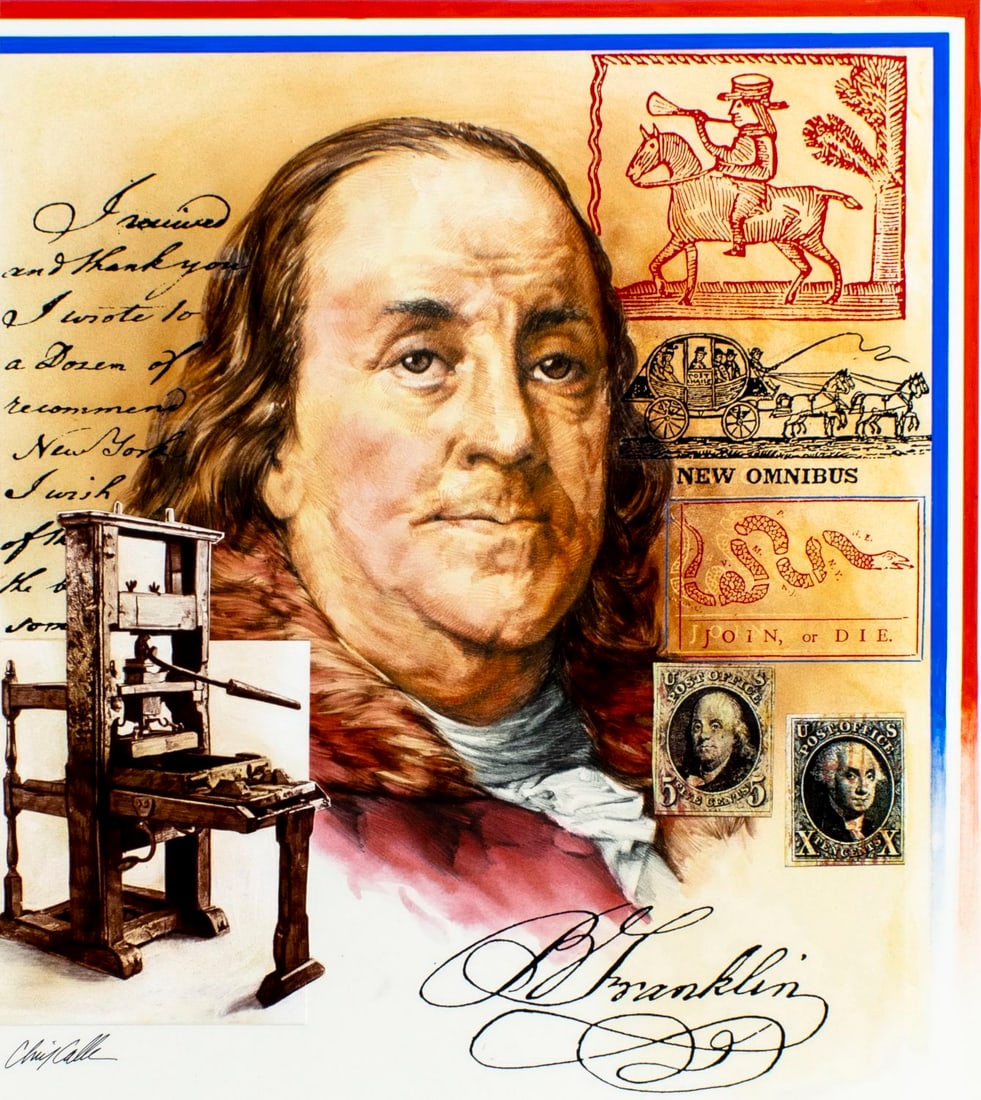 Chris Calle (CT,b 1961) mixed media painting: ARTIST: Chris Calle (Connecticut, born 1961) TITLE: Postal Museum Artifacts - Ben Franklin (titled on verso) YEAR: 1993 MEDIUM: mixed media on board CONDITION: