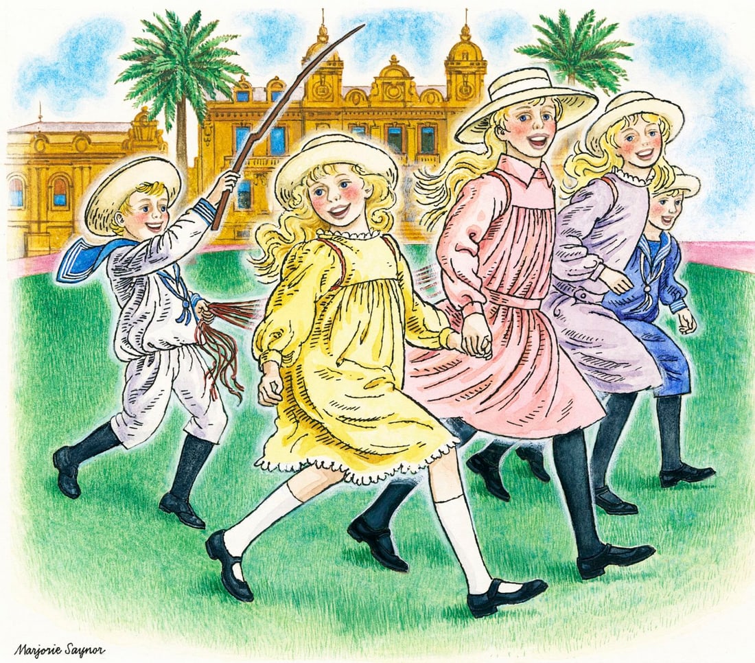 Marjorie Saynor (UK,1924-2012) watercolor painting: ARTIST: Marjorie Saynor (United Kingdom, 1924 - 2012) TITLE: Children Playing, Monaco YEAR: 1979 MEDIUM: watercolor on board CONDITION: Very good. <