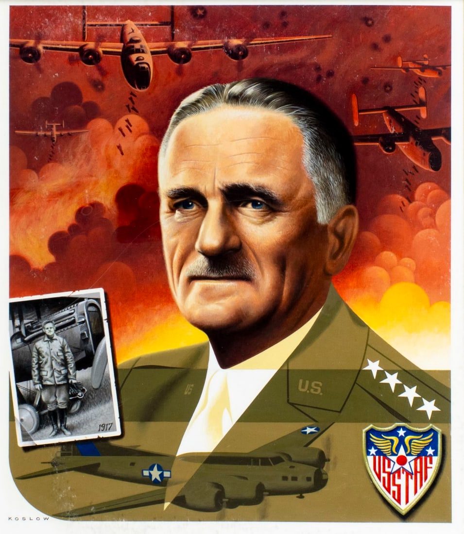 Howard Koslow (NJ,NY,1924-2016) oil painting: ARTIST: Howard Bertram Koslow (New Jersey, New York, 1924 - 2016) TITLE: Carl Andrew Spaatz MEDIUM: oil on board CONDITION: Very good. No visible inpaint under UV light. F