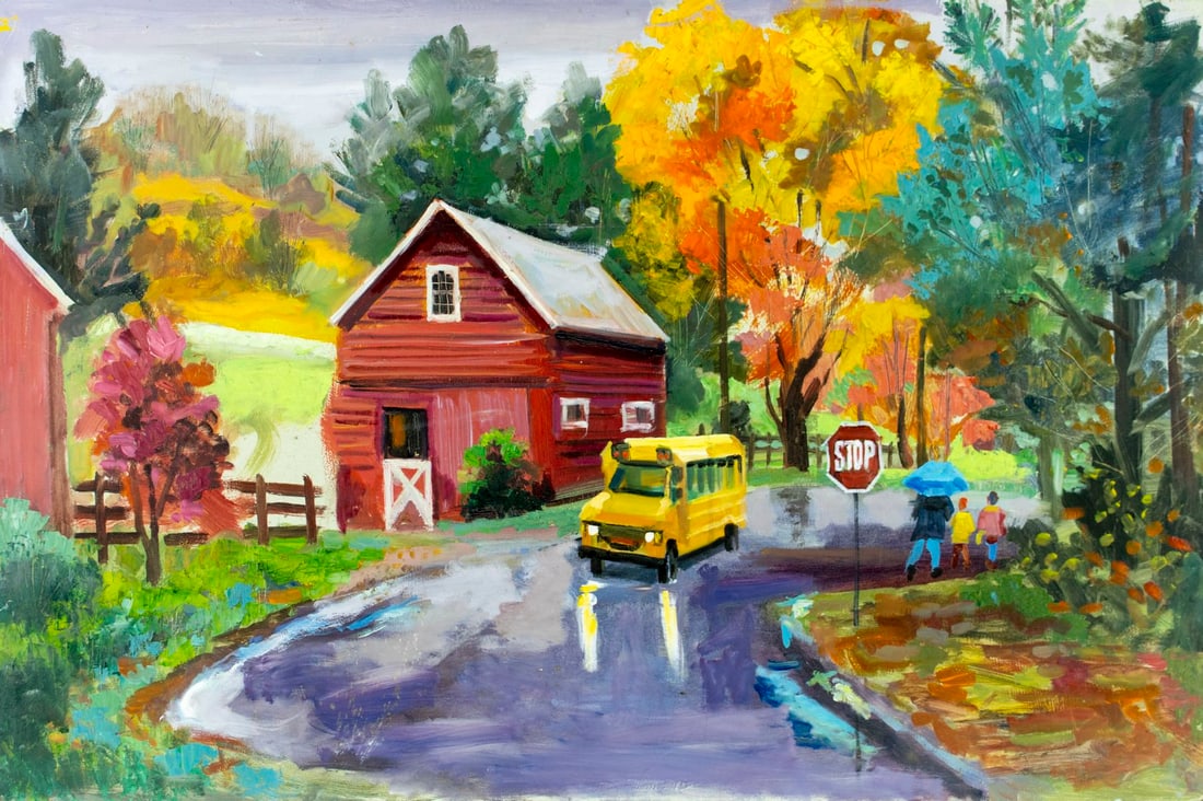 John Reilly (NY,NJ,1942-2021) oil painting: ARTIST: John Reilly (New York, New Jersey, 1942 - 2021) TITLE: Autumn Town Scene MEDIUM: oil on board CONDITION: Some damages to corners. Some scratches/paint losses. No v